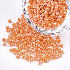 Coral Opaque Glass Seed Beads, Rainbow Plated, Round, Coral, 3mm, Hole: 1mm, about 10000pcs/bag