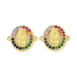 Virgin Real 18K Gold Plated Brass Micro Pave Colorful Cubic Zirconia Connector Charms, Religion Oval Links, Virgin, 13.5x16x2mm, Hole: 1.1mm