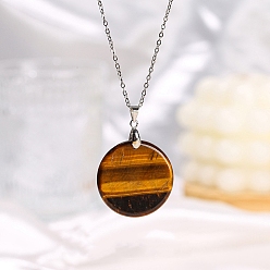 Tiger Eye Natural Tiger Eye Flat Round Pendant Necklaces, Titanium Steel Cable Chain Necklace for Women Men, 19.69 inch(50cm)