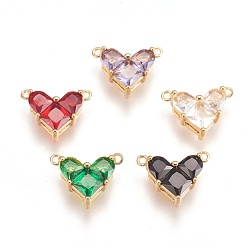 Mixed Color Glass Charms, with Brass Finding, Nickel Free, Heart, Real 18K Gold Plated, Mixed Color, 9x12x4.5mm, Hole: 1mm