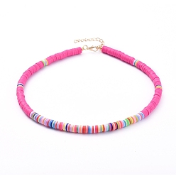 Colorful Handmade Polymer Clay Heishi Beaded Choker Necklaces, with Alloy Lobster Claw Clasps and Iron Chain Extender, Colorful, 15.5 inch(39.6cm)