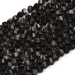 Silver Sheen Obsidian Натуральный серебристый блеск нитей обсидиана, граненые, твист, 6~6.5x5x5 мм, отверстие : 1 мм, около 58~61 шт / нитка, 14.17''~14.69'' (36~37.3 см)