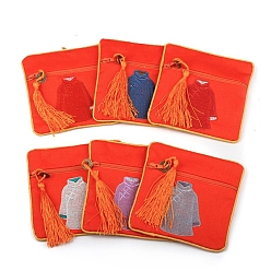 Orange Red Linen Cloth Embroidery Clothes Jewelry Storage Zipper Pouches with Tassel, for Earrings Rings Bracelets, Square, Random Pattern, Orange Red, 11.5x11.5cm