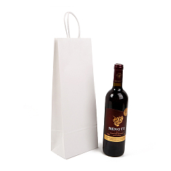 White Rectangle Solid Color Kraft Paper Gift Bags, with Hemp Rope Handles, for Single Wine Packaging Bag, White, 8x15x38cm