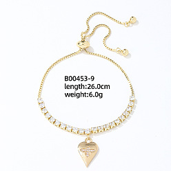 Сердце Прозрачный браслет-слайдер из кубического циркония, браслеты с подвесками из золотой латуни, сердце, 10-1/4 дюйм (26 см)