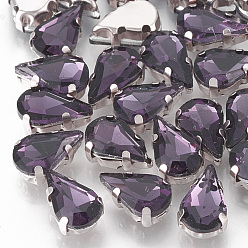 Purple Sew on Rhinestone, Multi-strand Links, Glass Rhinestone, with Brass Prong Settings, Garments Accessories, Faceted, teardrop, Platinum, Purple, 10x6.5x4.4mm, Hole: 0.8~1mm