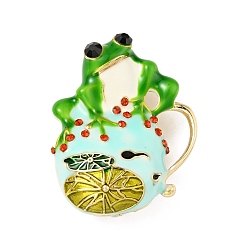 Colorful Frog with Lotus Enamel Pin with Rhinestone, Light Gold Alloy Cartoon Badge for Backpack Clothes, Colorful, 39.5x32.5x15.5mm