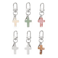 Mixed Stone 6Pcs Cross Gemstone Pendants Decoration, with Wing and Alloy Swivel Clasps Charm, for Keychain, Purse, Backpack Ornament, 62~64mm