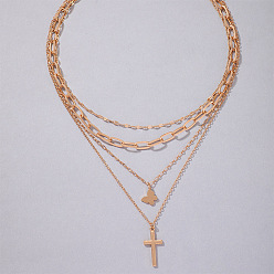 23076-gold Butterfly Cross Pendant Multi-layer Necklace for Women, Simple and Fashionable Layered Neck Chain with Four Layers