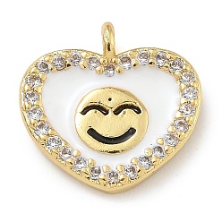Белый Стойка покрытие латунь микропаве прозрачный кубический цирконий с эмалевыми подвесками, долговечный, без свинца и без кадмия, реальный 18 k позолоченный, сердце с рисунком улыбающегося лица, белые, 12x11.5x2 мм, отверстие : 1.2 мм