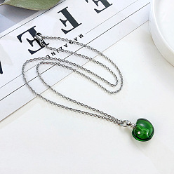 Green Glass Apple Perfume Bottle Necklaces, with Stainless Steel Cable Chains, Green, 19.69 inch(50cm)
