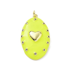 Зелено-Желтый Овальные подвески с сердцем из латуни с микропаве из прозрачных кубических цирконий, с эмалью и кольцом для прыжков, стойки покрытие, долговечный, без свинца и без кадмия, реальный 18 k позолоченный, зеленый желтый, 37.5x21x7.5 мм, отверстие : 3 мм