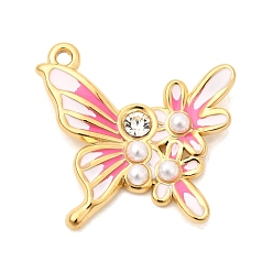 Ярко-Розовый 304 из нержавеющей стали горный хрусталь подвески, бабочки прелести, с abs имитационными жемчужными бусинами , Эмаль стиле, ионное покрытие (ip), реальный 18 k позолоченный, ярко-розовый, 23x23.5x4.5 мм, отверстие : 1.6 мм