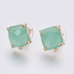 Medium Aquamarine Faceted Glass Stud Earring Findings, with Loop, Light Gold Plated Brass Findings, Square, Medium Aquamarine, 11x10x5mm, Hole: 1mm, Pin: 0.8mm