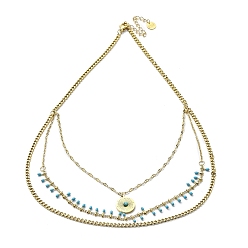 Golden Ion Plating(IP) 304 Stainless Steel Curb & Dapped Chains Layered Necklaces, Synthetic Turquoise Flat Round & Enamel Charms Necklace, Golden, 15.55 inch(39.5cm)
