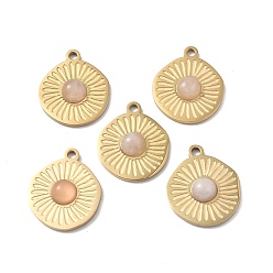 Rose Quartz Natural Rose Quartz Pendants, Flat Round Charms, with Vacuum Plating Real 18K Gold Plated 201 Stainless Steel Findings, 20.5x17x4.5mm, Hole: 2mm
