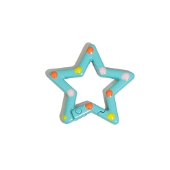 Turquoise Spray Painted Alloy Spring Gate Ring, Polka Dot Pattern, Star, Turquoise, 30x31.5x3.3mm