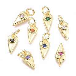 Mixed Color Brass Micro Pave Cubic Zirconia Pendants, with Jump Ring, Heart with Eye, Real 18K Gold Plated, Mixed Color, 12x5.5x2.3mm, Jump Rings: 5x0.8mm, Inner Diameter: 3mm