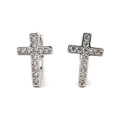 Платина Латунные микро проложить серьги обруча кубического циркония, крестик, платина, 15x10x12.5 мм
