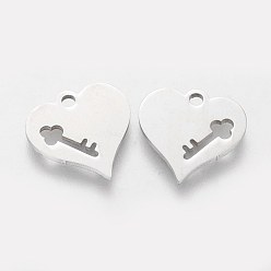 Stainless Steel Color 201 Stainless Steel Charms, Heart with Key, Stainless Steel Color, 14.8x15x1mm, Hole: 1.5mm