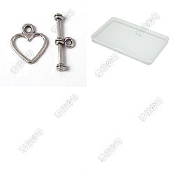 Античное Серебро 200 Сумки в тибетском стиле с застежками-крючками из сплава, сердце, античное серебро, Сердце: 14x12 mm, бар: 19 mm, отверстие : 1.5 мм