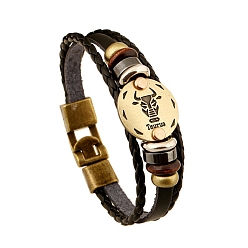 Taurus Braided Cowhide Cord Multi-Strand Bracelets, Constellation Bracelet for Men, with Wood Bead & Alloy Clasp, Taurus, 7-7/8~8-1/2 inch(20~21.5cm) 