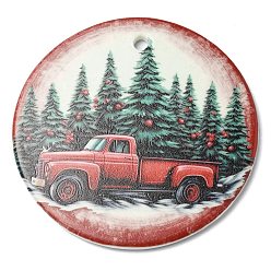 Car Christmas Handmade Printed Porcelain Big Pendants, Flat Round Charm, Car, 76x3.5mm, Hole: 5mm