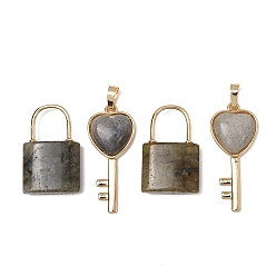 Labradorite Natural Gray Labradorite Beaded Pendants, Lock and Key Charms, with Golden Brass Findings, 31.5~32.5x20~20.5x7.5mm, Hole: 11x12mm