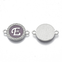 Letter E Alloy Enamel Links Connectors, with Crystal Rhinestones, Flat Round with Letter, Silver Color Plated, Letter.E, 22x16x2mm, Hole: 1.8mm
