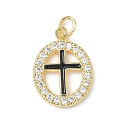 Черный Подвески из латуни с микропаве из прозрачных кубических цирконий и эмали, овальные с поперечными прелести, с целью перехода в кольце, без свинца и без кадмия, долговечный, стойки покрытие, реальный 18 k позолоченный, чёрные, 17.5x13.5x2 мм, отверстие : 3.4 мм