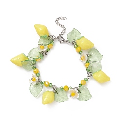 Green Yellow Lemon & Leaf & Flower Resin & Acrylic Charm Bracelet, 304 Stainless Steel Jewelry for Women, Green Yellow, 7-1/2 inch(19cm)