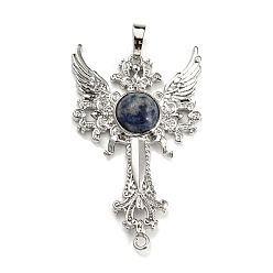 Sodalite Natural Sodalite Big Pendants, Cross with Wing Charms, with Platinum Plated Brass Findings, 52.5x32x7~7.5mm, Hole: 4x8mm & 2mm