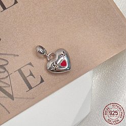 Real Platinum Plated Rhodium Plated 925 Sterling Silver Enamel European Dangle Charms, Large Hole Pendants, Heart with Word Mom, Real Platinum Plated, 20mm, Hole: 4.2mm