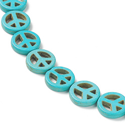 Dark Turquoise Synthetic Howlite Beads Strands, Dyed, Flat Round with Peace Sign, Dark Turquoise, 15x3.5mm, Hole: 1.4mm, about 28pcs/strand, 16.42''(41.7cm), 17~18 strand/500g
