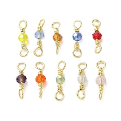 Mixed Color Faceted Glass Connector Charms, Rondelle Links with Rack Plating Brass Wire Double Loops, Lead Free & Cadmium Free, Real 18K Gold Plated, Long-Lasting Plated, Mixed Color, 12x3mm, Hole: 1.6mm