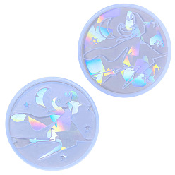 White Halloween Witch Pattern Silicone Holographic Round Coaster Molds, Resin Casting Coaster Molds, For UV Resin, Epoxy Resin Craft Making, White, 95mm, 2pcs/set