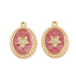 Светло-Вишневый 304 нержавеющей стальной эмали подвески, овальные со звездой, со стразами и абс-пластиком, реальный 18 k позолоченный, вакуумное покрытие pvd, светло-вишневый, 21.5x15x2 мм, отверстие : 1.6 мм