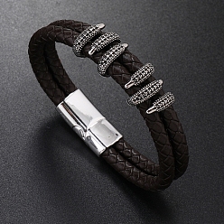 Coconut Brown Leather Double Layer Multi-strand Bracelet, with Platinum Alloy Magnetic Clasp, Coconut Brown, 8-1/4~8-5/8 inch(21~22cm)