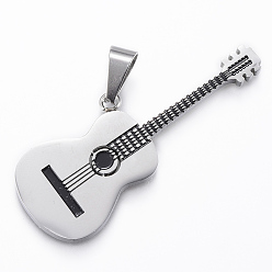 Stainless Steel Color 304 Stainless Steel Big Pendants, with Enamel, Guitar, Stainless Steel Color, 50x19x2.5mm, Hole: 9mm