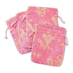 Pink Chinese Style Silk Drawstring Jewelry Gift Bags, Jewelry Storage Pouches, Lining Random Color, Rectangle with Dragon Pattern, Pink, 15x11.5cm