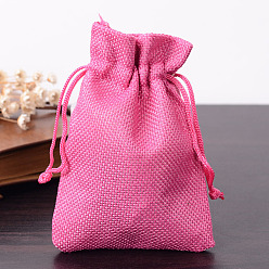 Deep Pink Polyester Imitation Burlap Packing Pouches Drawstring Bags, Deep Pink, 12x9cm