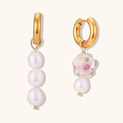 Pink flower Asymmetric Freshwater Pearl Flower Earrings, Minimalist Gold Plated Stainless Steel Jewelry for Women