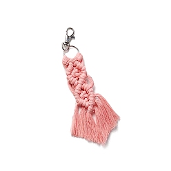 Light Coral Macrame Cotton Cord Woven Tassel Pendant Keychain, with Swivel Clasp, Light Coral, 20x2.5cm