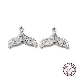 Real Platinum Plated Rhodium Plated 925 Sterling Silver Charms, Fishtail with Polka Dot Charm, Textured, Real Platinum Plated, 10x13x1.2mm, Hole: 0.9mm