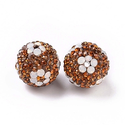 Topaz Polymer Clay Rhinestone Beads, Pave Disco Ball Beads, Round with Flower, Topaz, 16mm, Hole: 1.6~1.8mm