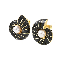 Negro Pendientes de botón de latón esmaltado para mujer, la forma de la concha, con perlas de imitación de plástico abs, larga duración plateado, chapado en rack, sin plomo y el cadmio, dorado, negro, 19.5x19 mm