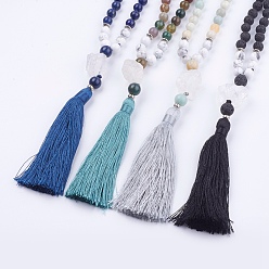 Mixed Stone Natural Howlite and Gemstone Beaded Necklaces, with Big Tassel Pendants, Burlap Bags, 30.3 inch(77cm) 