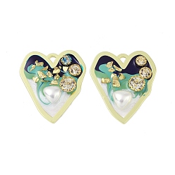 Green Rack Plating Alloy Enamel Pendants, with Resin, ABS Imitation Pearl Beads, Rhinestone and Glass Beads, Cadmium Free & Nickel Free & Lead Free, Heart, Green, 40x34.5x7mm, Hole: 3x3mm