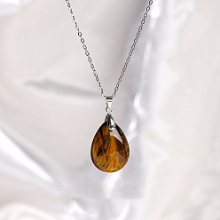 Tiger Eye Natural Tiger Eye Teardrop Pendant Necklaces, Titanium Steel Cable Chain Necklace for Women, 17.72 inch(45cm)