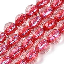 Cerise Resin Beads Strands, Bead in Bead, with Glass & Glitter Powder Inside, Round, Faceted(96 Facets), Cerise, 9~10mm, Hole: 0.7mm, about 49~51pcs/strand, 18.50~19.29 inch(47~49cm)